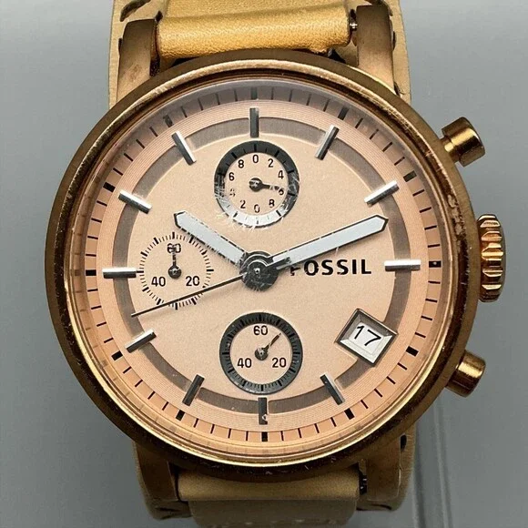 Fossil Womens Watch 38mm Rose Gold Tone Leather Chronograph Date New Battery