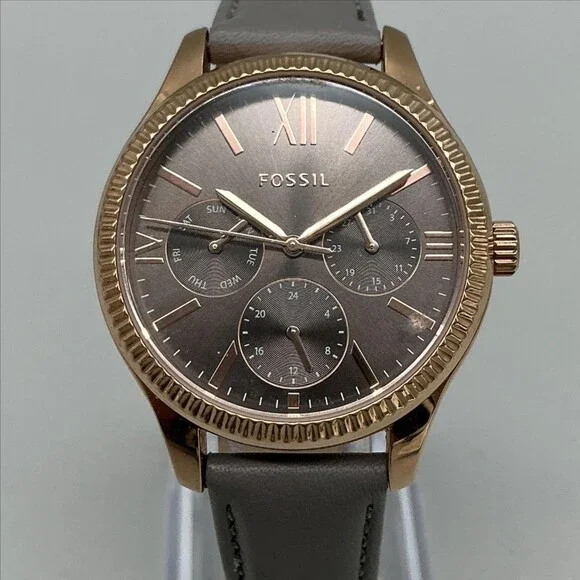 Fossil BQ3764 Womens Watch 35mm Brown Dial Gray Leather Rose Gold Multifunction