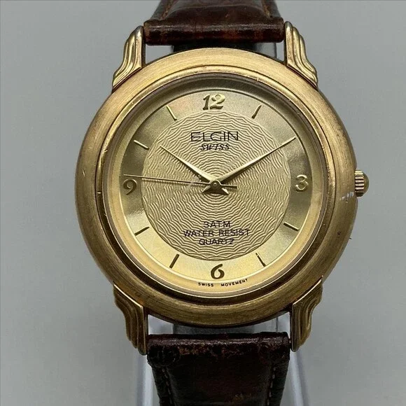 Elgin Swiss Mens Watch 36mm Gold Tone Brown Leather FLS30-040 New Battery