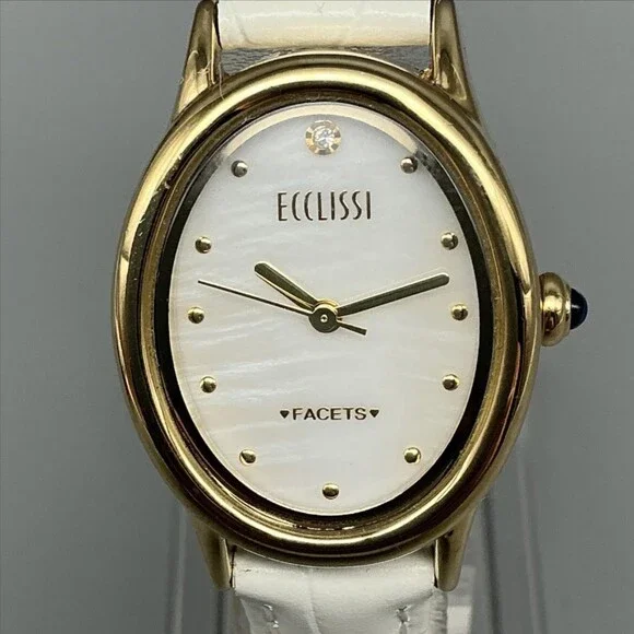 Ecclissi Facets Womens Watch 24mm MOP Dial Gold Tone Leather Diamond New Battery