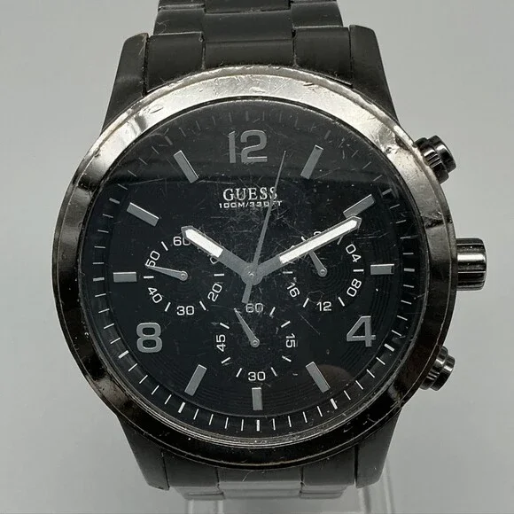 Guess Waterpro Mens Watch 44mm Black Dial Chronograph 100M New Battery 7