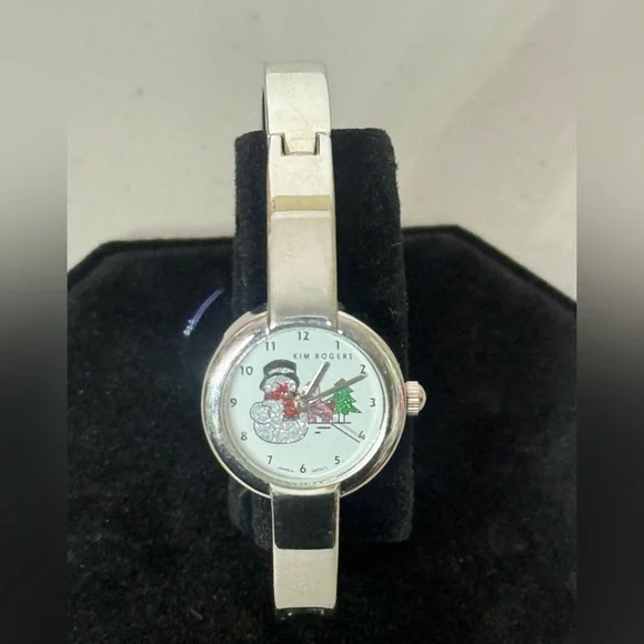 Kim Rogers Silver‎ Stainless Steel Ladies Wristwatch Glitter Snowman Scene 27528