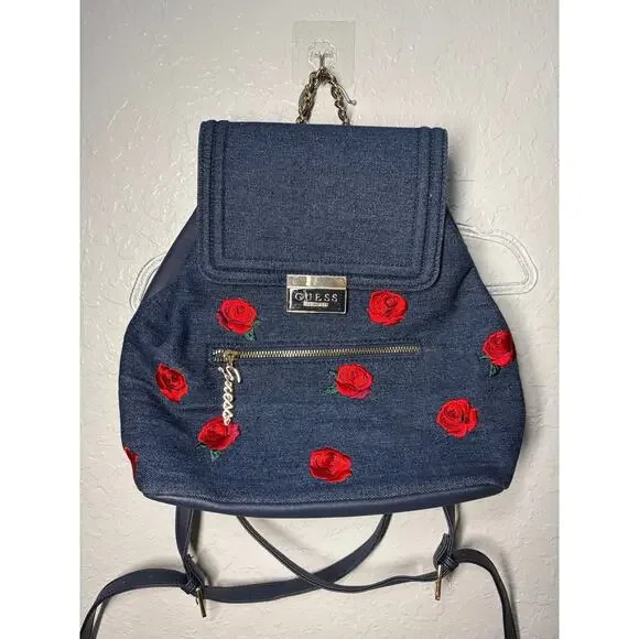 GUESS Blue Denim Backpack Bag Roses Casual Boho