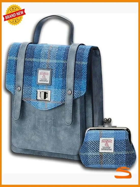 Scottish Harris Tweed Backpack & Coin Purse Set - Compact Casual Bag for Women
