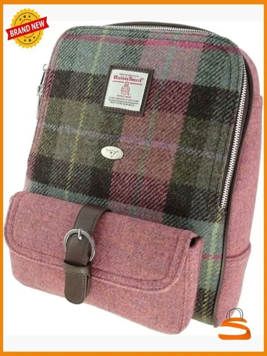 Authentic Harris Tweed Backpack with Vegan Leather, Adjustable Straps