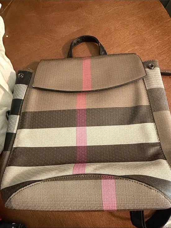Striped Canvas Men's Backpack - Taupe with Pink Accent