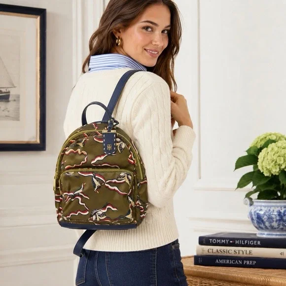 Tommy Hilfiger Julia Small Dome Backpack Olive Green TH Bird Print Preppy 2017