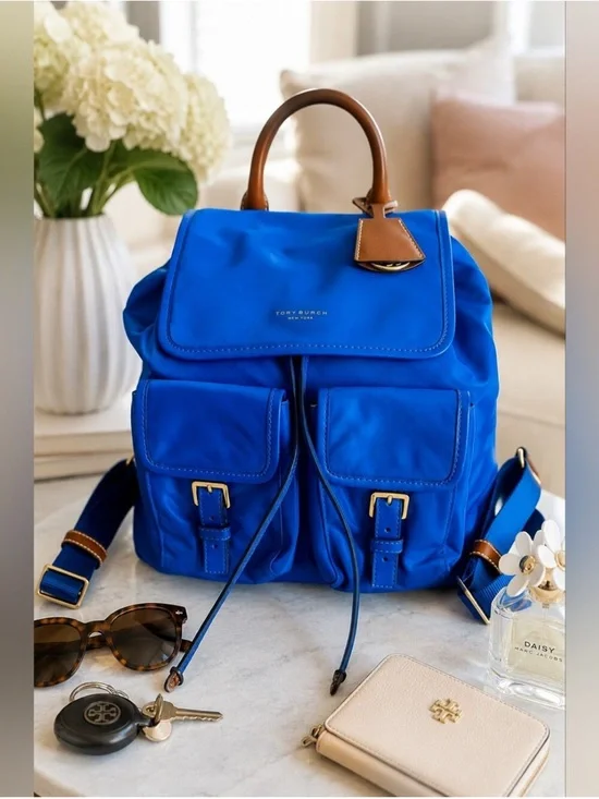 Tory Burch Perry Blue Nylon Backpack Leather Trim Gold Hardware NWOT