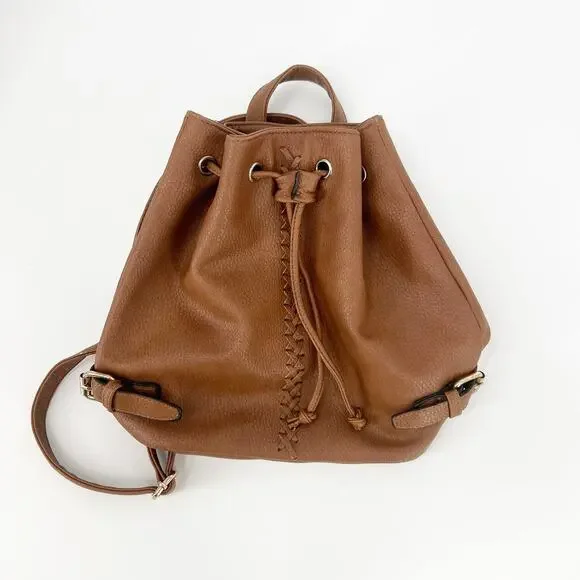 Brown Faux Leather Drawstring Mini Backpack