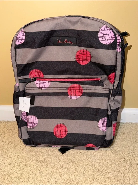 Vera Bradley Black & Gray Striped Backpack with Pink and Red Dot Pattern