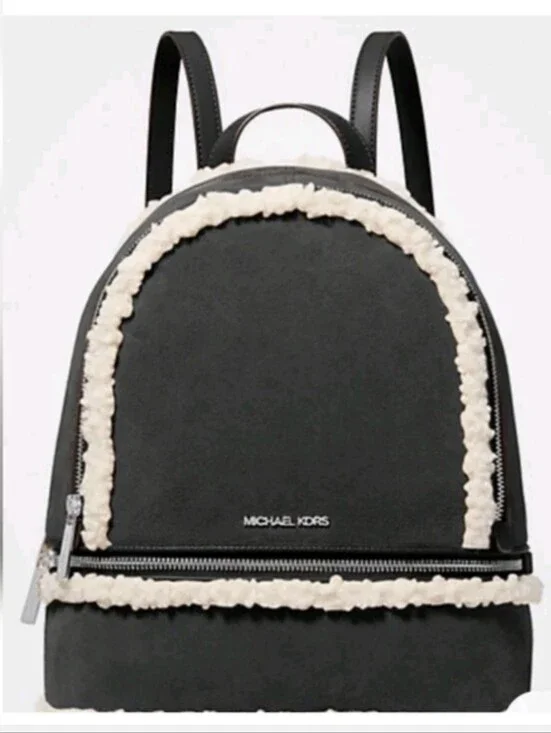Michael Kors Rhea Black Suede Leather Backpack with Cream Shearling Trim NWT