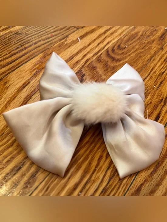 Kids Satin Bow Hair Clip with Faux Fur Pom - Cream