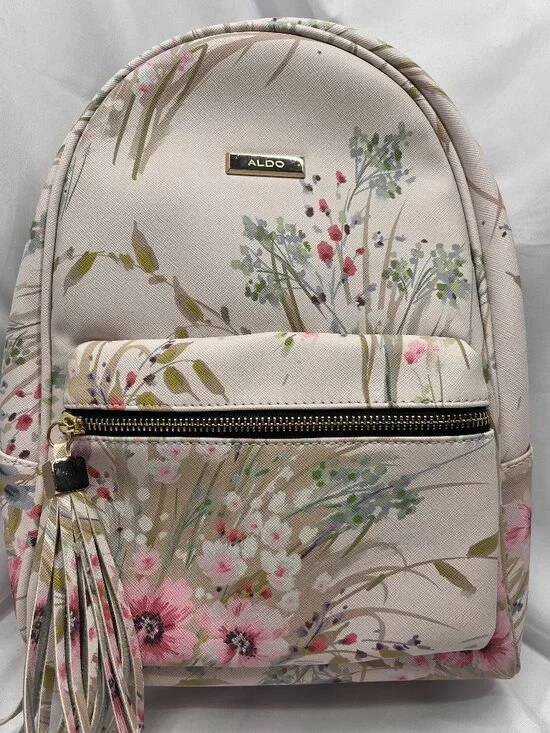 ALDO Floral Backpack Gold Chain Straps Tassel Pink Botanical Purse
