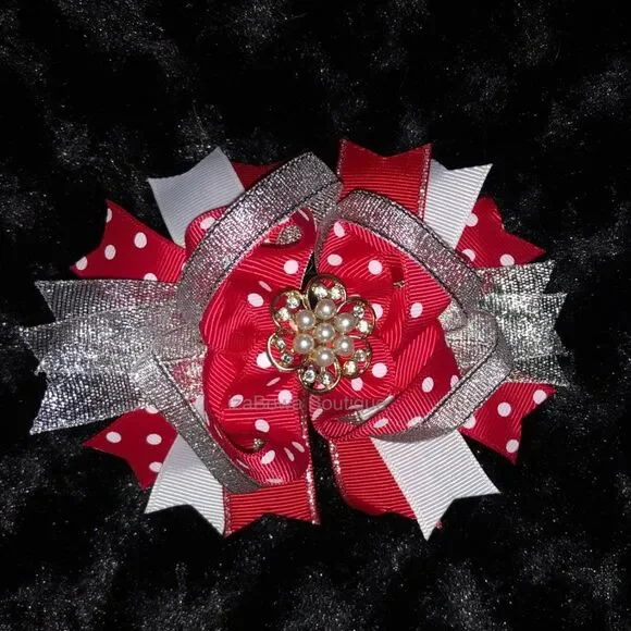 Red & White Deluxe Bow with Pearl Center   5B1781 Handmade NWT Boutique