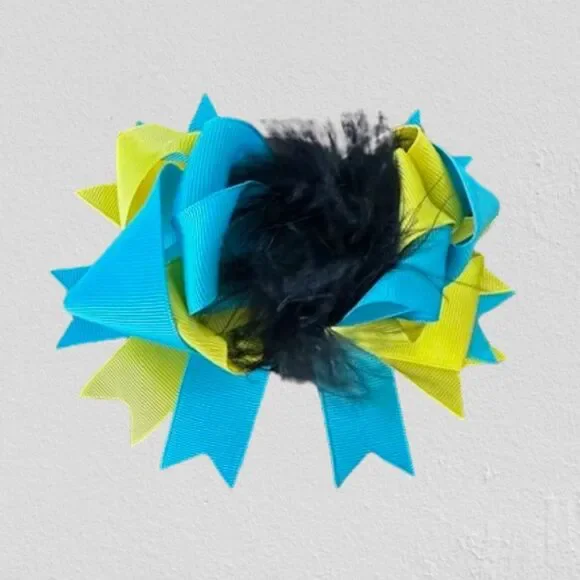 Aqua & Yellow Super Deluxe Bows w/ Feather Accents 5B4542  Handmade NWT Boutique