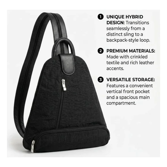 Baggallini Black Crinkle Textile Hybrid Sling Backpack Convertible Bag