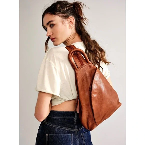 Free People Soho Convertible Bag Distress Brown Leather Multi Way Backpack Sling