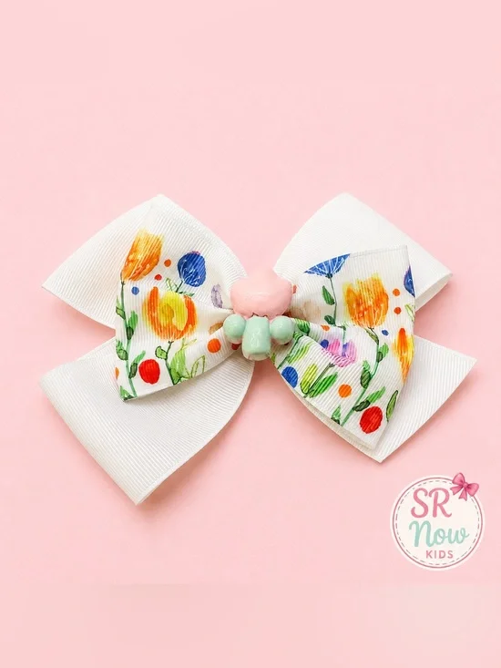Girls Multicolor Floral Tulip Hair Bow Large Grosgrain Ribbon Alligator Clip