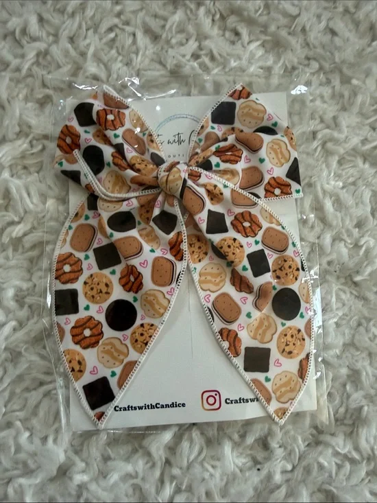 Girl Scout Cookie Print Kids Hair Bow - White and Brown