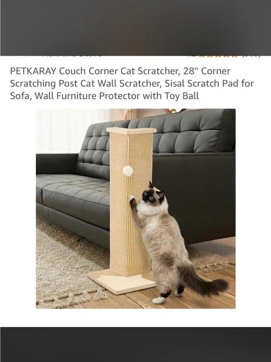 Beige Sisal Corner Cat Scratcher with Toy Ball