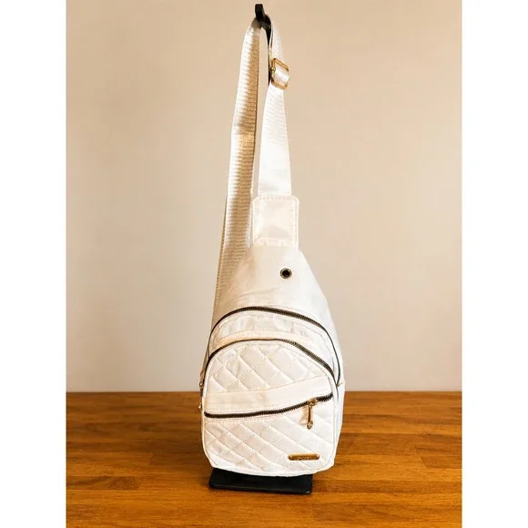 Cream Quilted Nylon Sling Bag Crossbody Backpack Gold Hardware NWOT