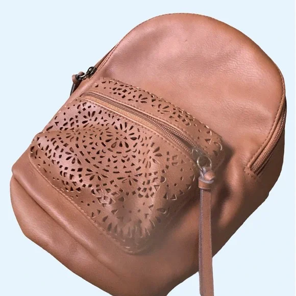 Unbranded Tan Faux Leather‎ Mini Backpack Laser Cut Floral Small Brown