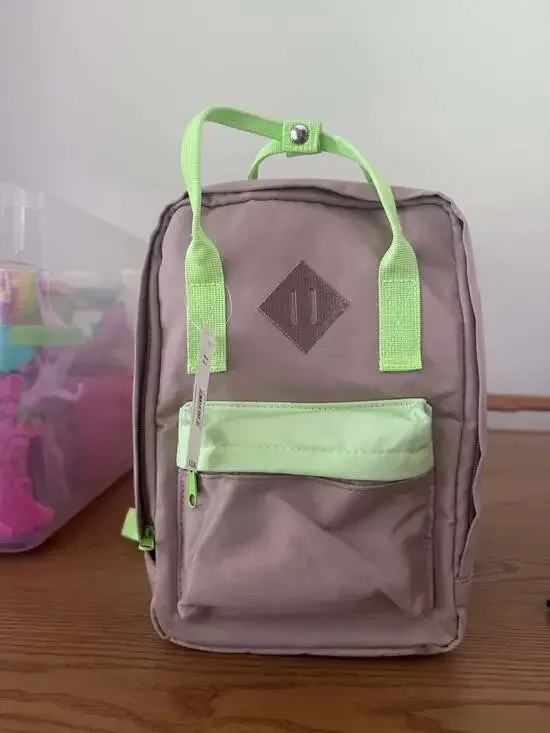 No Boundaries Mini Square Backpack Tan with Neon Green Straps