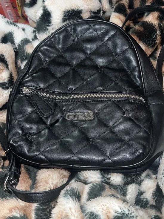GUESS Quilted Mini Backpack in Black with Silver Hardware