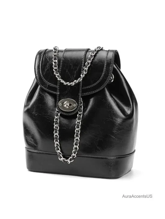 Vegan Leather Mini Backpack Purse for Women, 3 Compartments, Chain Drawstring,