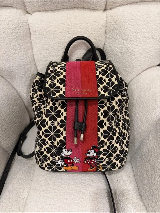 kate spade Black & Cream Floral Backpack with Red Stripe and Mickey Minnie