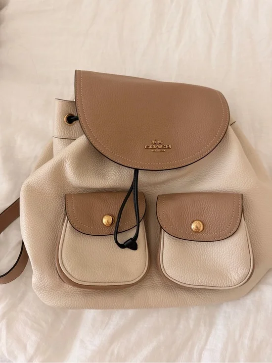 Coach Beige & Tan Leather Drawstring Backpack with Front Pockets
