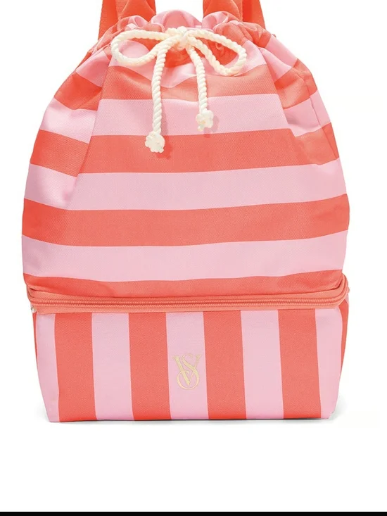 Victoria's Secret Coral and Pink Striped Drawstring Cooler/Backpack