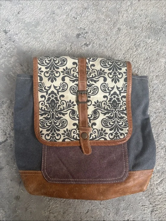 Canvas & Leather Patterned Flap Backpack - Cream, Brown, Gray