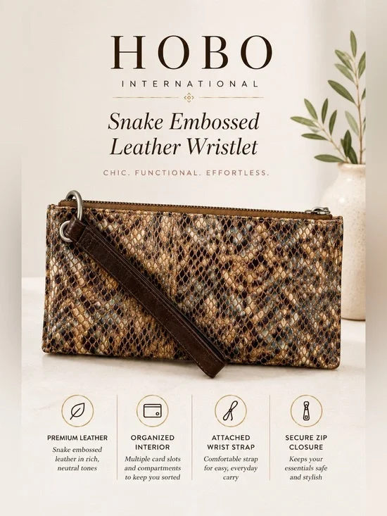 Hobo International Snake Embossed Leather Wristlet Clutch Wallet