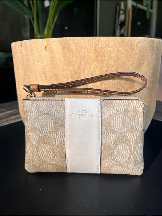 Coach Beige Signature Canvas Wristlet with Cream Center Panel
