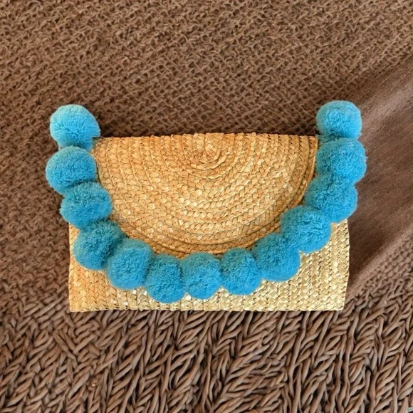 SHIRALEAH Fortuna Turquoise Teal Pom Pom Clutch Purse Chicago Envelope Bag Straw