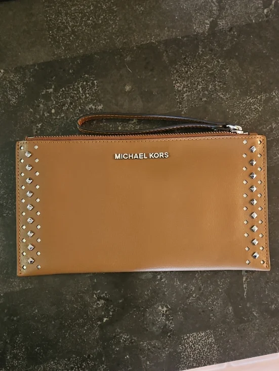 Michael Kors Camel Leather Wristlet with Silver Studs