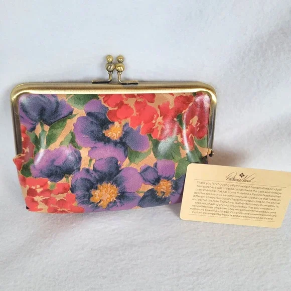Patricia Nash Womens Fira Frame Flower Leather Kiss Lock Wallet Coin Purse Brown