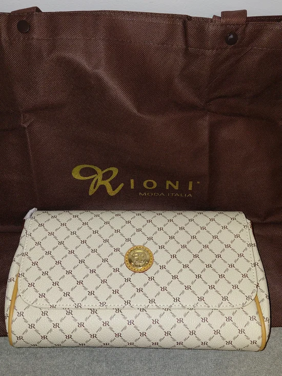 Rioni Cream Monogram Clutch with Gold Emblem