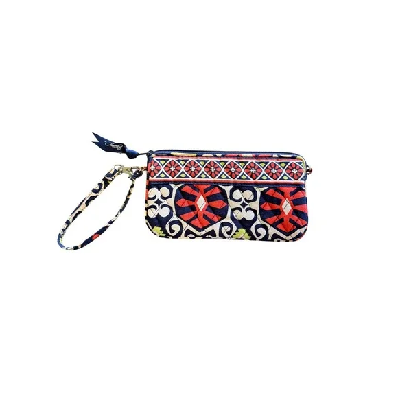 Vera Bradley Marrakesh All In One Wristlet Wallet Navy Red Geometric Quilted‎