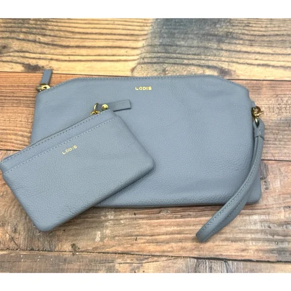 2 Pc Set Lodis Italian Leather Dustin Eiffel‎ Wristlet & Wallet RFID Powder Blue