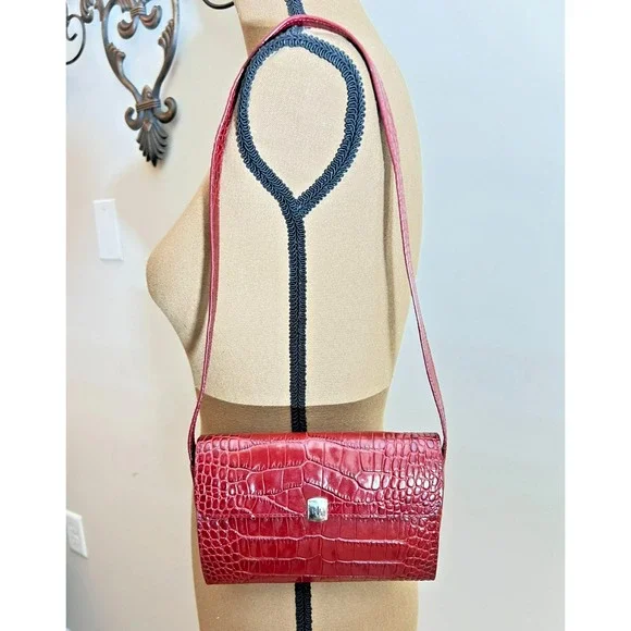 VTG Lauren Ralph Lauren Red Croc Embossed Leather Shoulder Clutch‎ Card Holder
