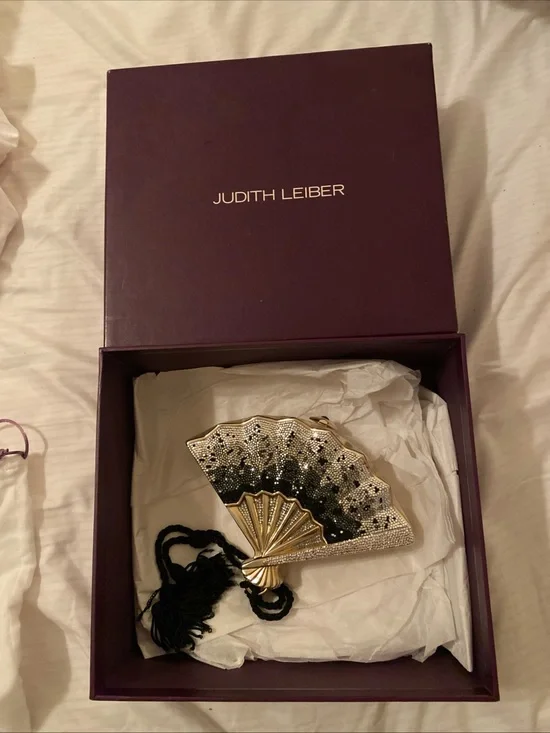 Vintage Judith Leiber Black, Gold & Silver Fan Minaudière