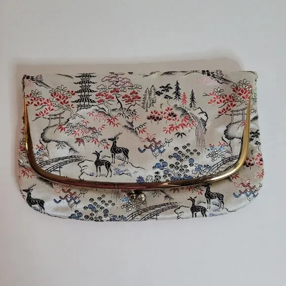 Vintage M Yamamoto & Co. Clutch Satin Brocade Kiss Lock Purse Japan Floral Kyoto