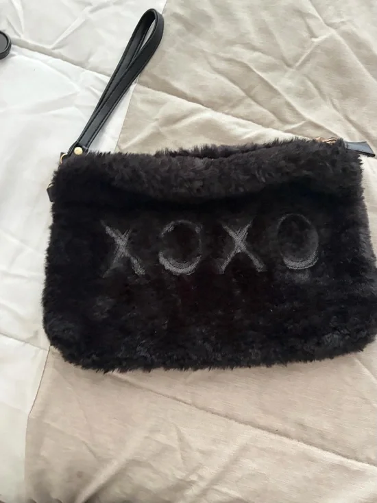 XOXO Black Fur Wristlet Clutch with Embroidered Logo