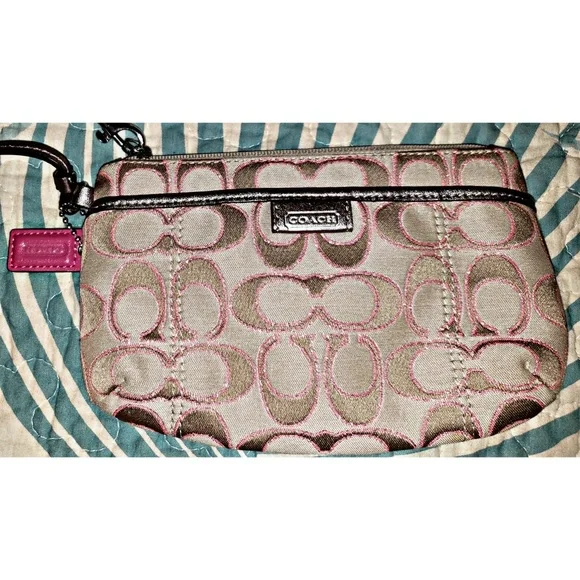 Tan and Pink Canvas Coach Wristlet