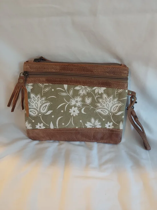 Myra Bag Green N Tan Canvas Leather Wristlet Pouch Floral Boho