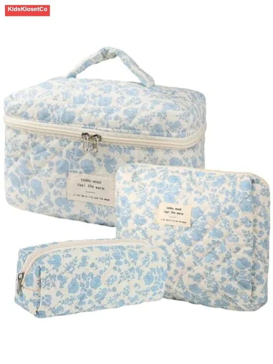 Cotton Quilted Makeup Bag Set Floral Cosmetic Toiletry Travel Organizer 3 Piece
