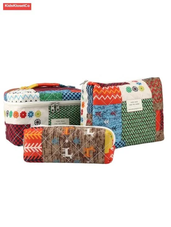 Quilted Cotton Travel Makeup Bag Set of 3 Floral Toiletry Cosmetic Organizer