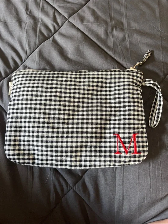 Sezane Monogrammed Black & White Gingham Pouch with Red 'M' Accent